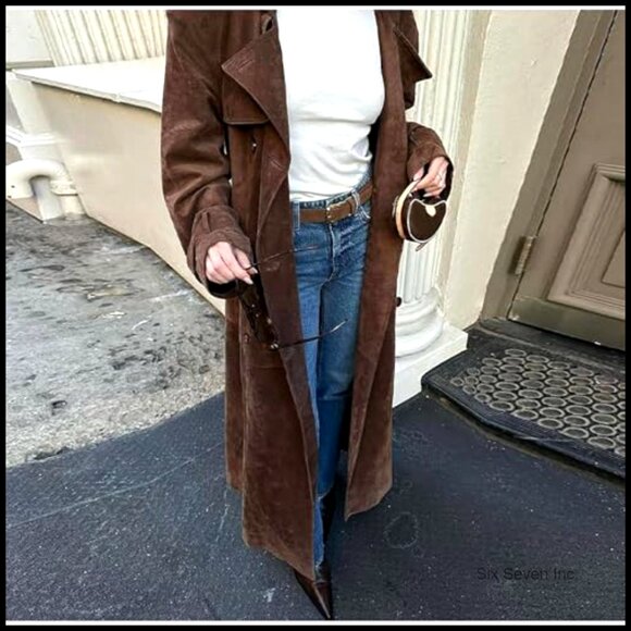 Faux Suede Long Trench Coat Notched Lapel Double Breasted Slim Fit Elegant - Picture 4 of 7